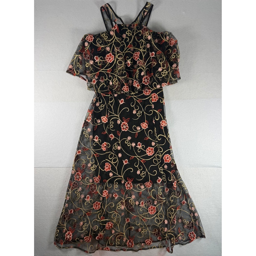 Gianni Bini Black Floral Embroidered Cold Shoulder Mesh Midi Dress Size 0